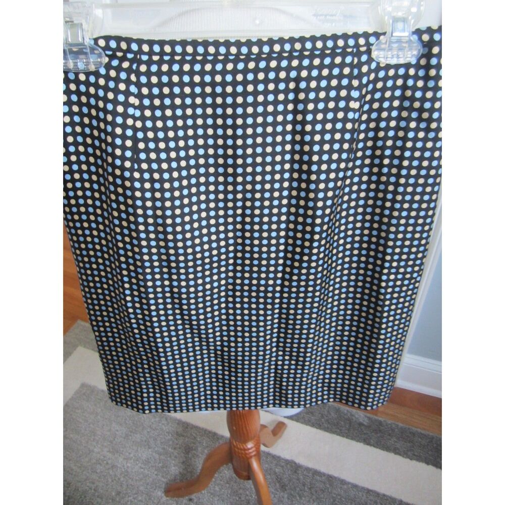 Ann Taylor 100% Silk blue & tan on black  Polka Dot Pencil Skirt Size 0 Petite